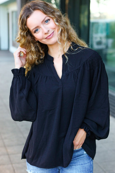 Explore More Collection - Boho Vibes Black Notched Neck Smocked Bubble Sleeve Top