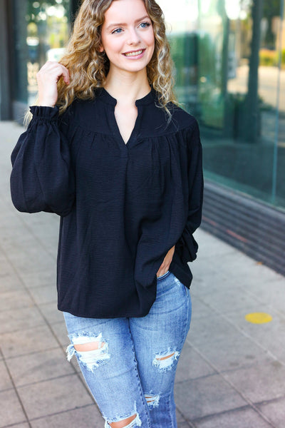 Explore More Collection - Boho Vibes Black Notched Neck Smocked Bubble Sleeve Top