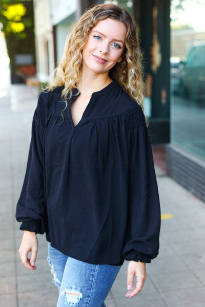 Explore More Collection - Boho Vibes Black Notched Neck Smocked Bubble Sleeve Top