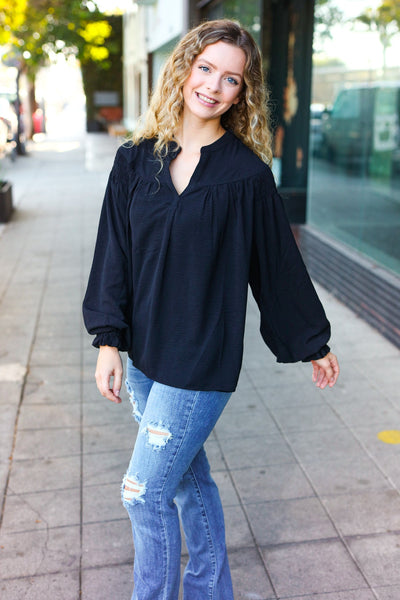 Explore More Collection - Boho Vibes Black Notched Neck Smocked Bubble Sleeve Top