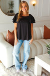 Explore More Collection - Black Double Ruffle Sleeve Square Neck Ribbed Top