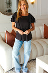 Explore More Collection - Black Double Ruffle Sleeve Square Neck Ribbed Top