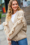 Explore More Collection - Weekend Ready Oatmeal V Neck Fringe Chunky Cable Cardigan