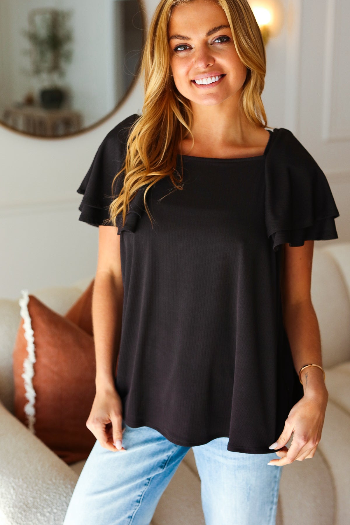 Explore More Collection - Black Double Ruffle Sleeve Square Neck Ribbed Top