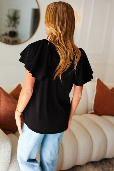 Explore More Collection - Black Double Ruffle Sleeve Square Neck Ribbed Top