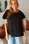 Explore More Collection - Black Double Ruffle Sleeve Square Neck Ribbed Top