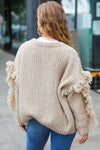 Explore More Collection - Weekend Ready Oatmeal V Neck Fringe Chunky Cable Cardigan