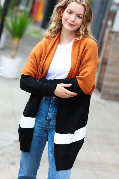 Explore More Collection - Layer Me Up Rust & Black Color Block Knit Open Cardigan