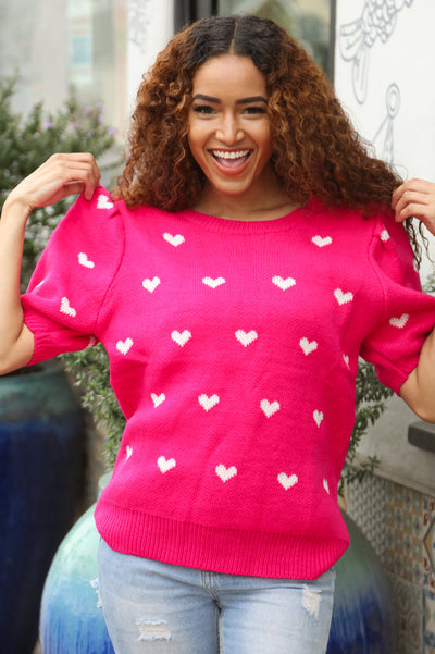 Explore More Collection - Be Mine Pink & White Heart Oversized Jacquard Sweater