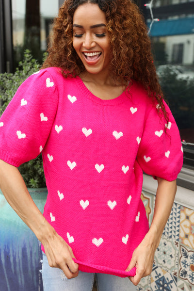 Explore More Collection - Be Mine Pink & White Heart Oversized Jacquard Sweater