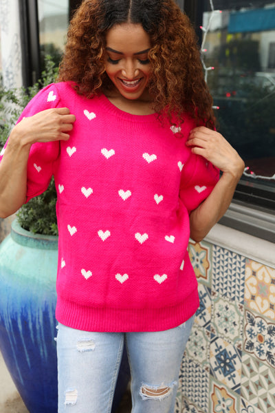 Explore More Collection - Be Mine Pink & White Heart Oversized Jacquard Sweater