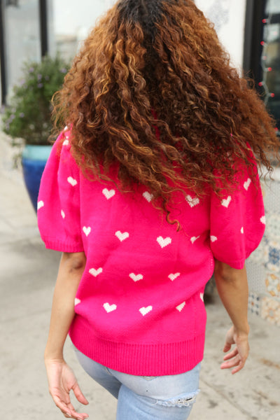 Explore More Collection - Be Mine Pink & White Heart Oversized Jacquard Sweater