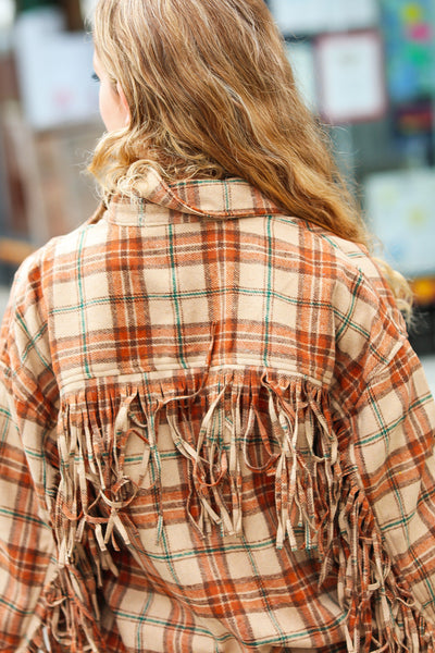 Explore More Collection - All Bets Off Taupe Flannel Plaid Fringe Jacket