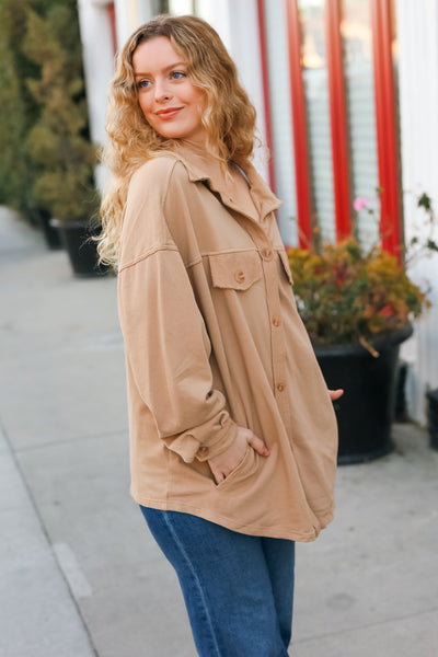 Explore More Collection - Good Times Camel Terry Oversized Shirt Shacket