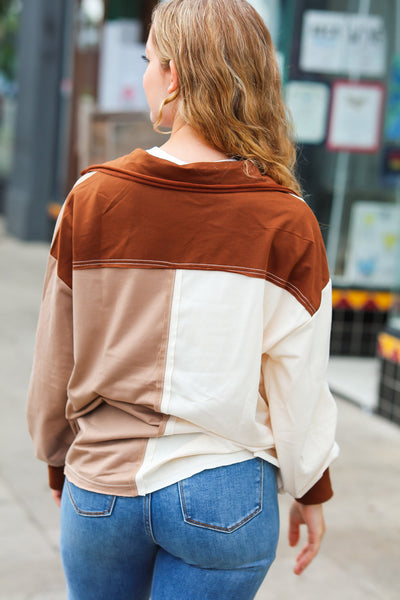 Explore More Collection - Fun Days Ahead Sepia Ivory/Taupe Color Block Button Down Pullover