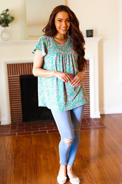 Explore More Collection - Dreamy Green & Pink Floral Yoke Ruffle Short Sleeve Top