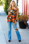 Explore More Collection - Burnt Orange Flat Floral Print Ruffle Sleeve Babydoll Top