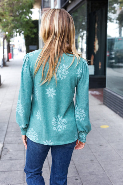 Explore More Collection - Holiday Ready Green Snowflake Brushed Hacci Sweater Top