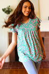 Explore More Collection - Dreamy Green & Pink Floral Yoke Ruffle Short Sleeve Top