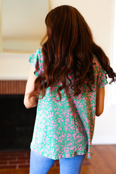 Explore More Collection - Dreamy Green & Pink Floral Yoke Ruffle Short Sleeve Top