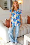 Explore More Collection - Tropical Breeze Turquoise Floral Banded V Neck Flutter Sleeve Top