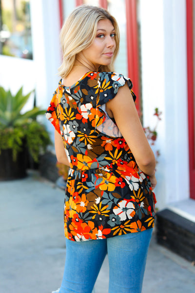 Explore More Collection - Burnt Orange Flat Floral Print Ruffle Sleeve Babydoll Top