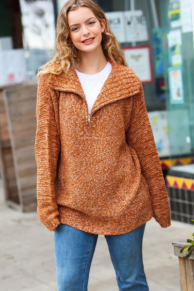 Explore More Collection - Perfectly You Rust Two Tone Half Zip Collared Knit Sweater