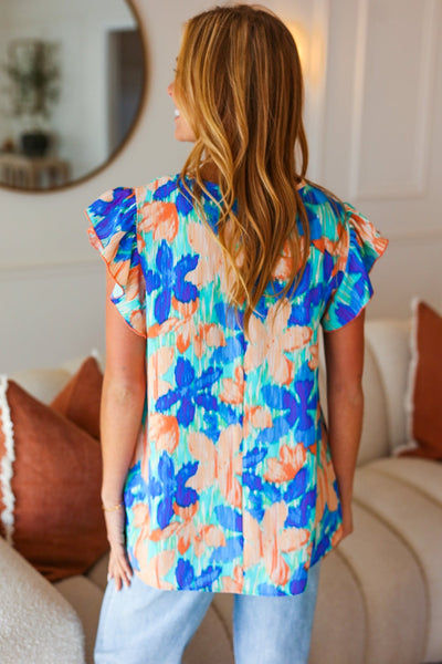 Explore More Collection - Tropical Breeze Turquoise Floral Banded V Neck Flutter Sleeve Top