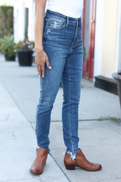 Explore More Collection - Judy Blue Dark Wash Mid Rise Minimum Distressed Straight Leg Jeans