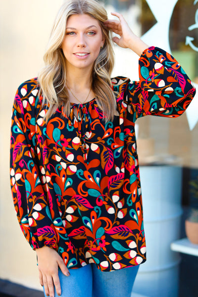 Explore More Collection - Magenta & Rust Boho Floral Bubble Sleeve Top