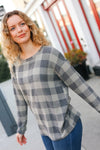 Explore More Collection - Check It Out Olive Grey Checker Plaid Hacci Pullover