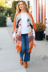 Explore More Collection - Feeling Special Grey & Rust Striped Tassel Fringe Open Poncho