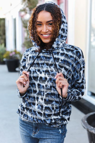 Explore More Collection - Casual Chic Blue & Black Animal Print Stripe Hoodie