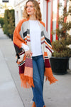 Explore More Collection - Feeling Special Grey & Rust Striped Tassel Fringe Open Poncho