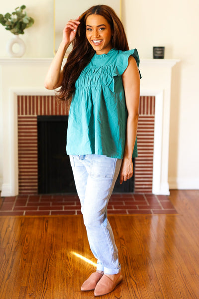 Explore More Collection - Love Life Cotton Turquoise Frill Mock Neck Flutter Sleeve Top