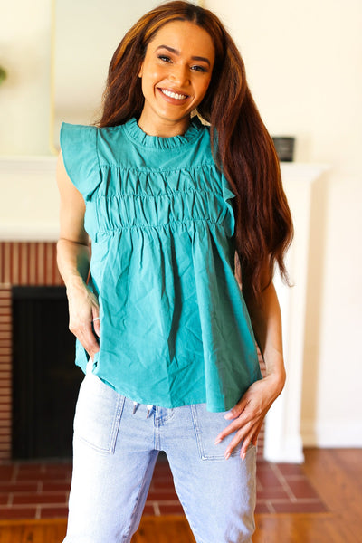 Explore More Collection - Love Life Cotton Turquoise Frill Mock Neck Flutter Sleeve Top