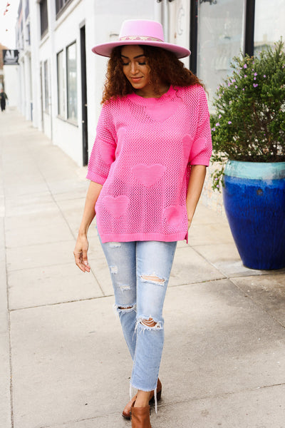 Explore More Collection - Can't Look Away Pink Heart Netted Crochet Sweater Top