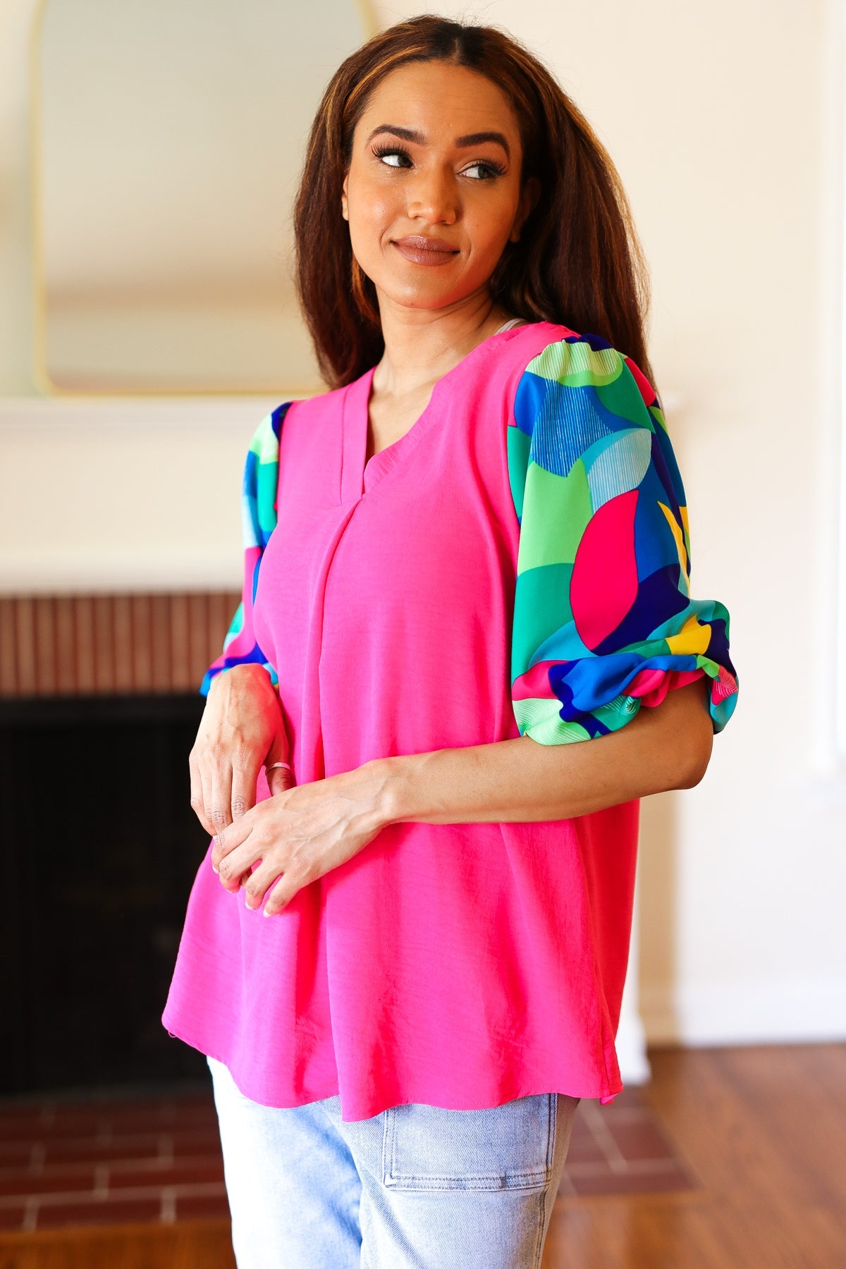 Explore More Collection - Tell Your Story Fuchsia Geo Print Puff Sleeve V Neck Top