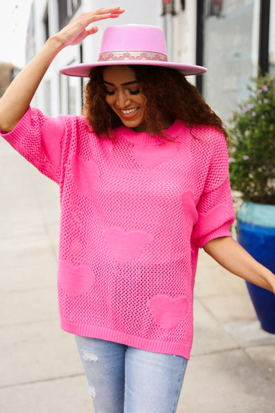 Explore More Collection - Can't Look Away Pink Heart Netted Crochet Sweater Top