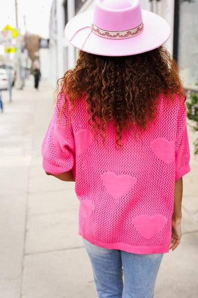 Explore More Collection - Can't Look Away Pink Heart Netted Crochet Sweater Top