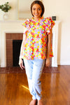 Explore More Collection - Flower Power Ivory & Red Floral Mock Neck Flutter Sleeve Top