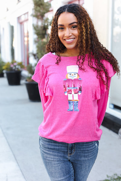 Explore More Collection - Holiday Hot Pink Sequin Nutcracker Ruffle Hacci Sweater