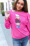 Explore More Collection - Holiday Hot Pink Sequin Nutcracker Ruffle Hacci Sweater