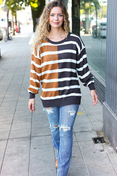 Explore More Collection - Camel & Charcoal Striped Color Block Sweater