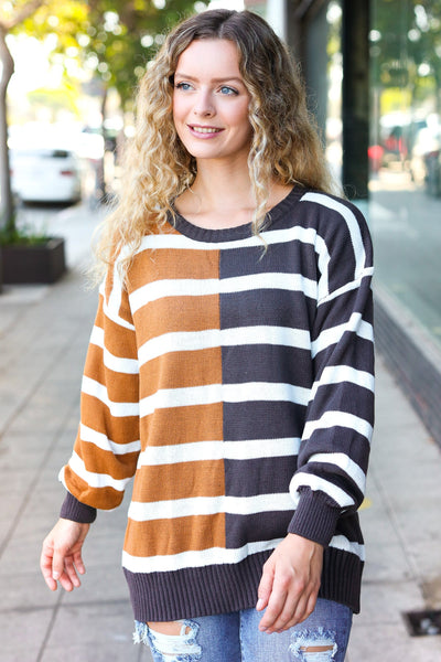 Explore More Collection - Camel & Charcoal Striped Color Block Sweater