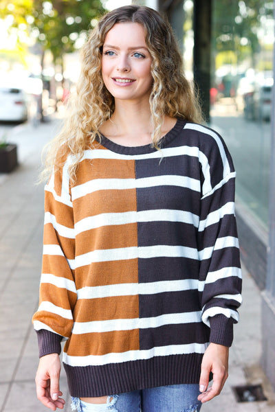 Explore More Collection - Camel & Charcoal Striped Color Block Sweater