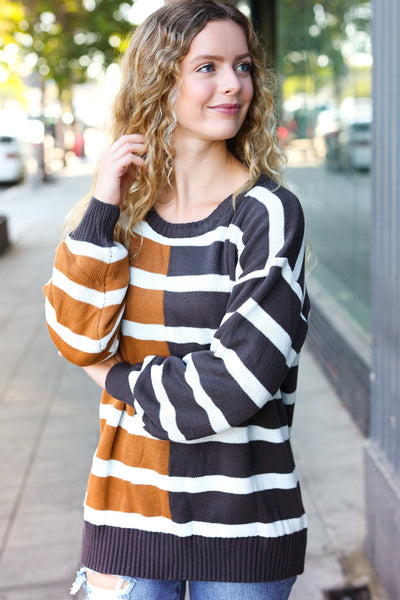 Explore More Collection - Camel & Charcoal Striped Color Block Sweater