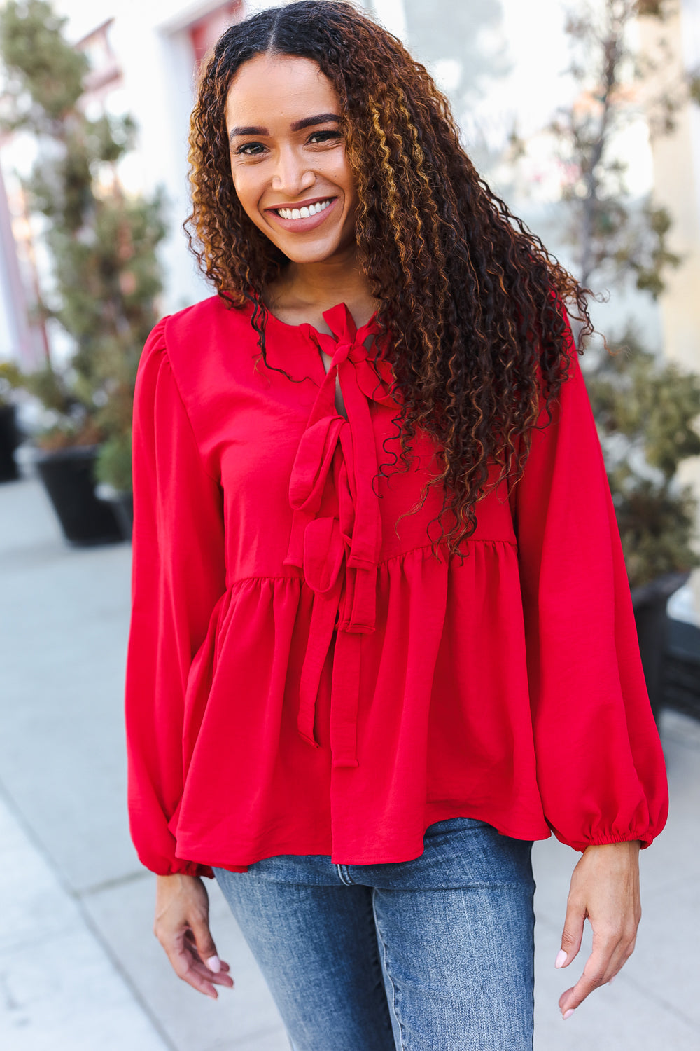 Explore More Collection - Embrace Joy Red Ribbon Bow Tie Babydoll Woven Top