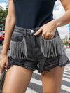 Explore More Collection - Distressed Fringe Denim Shorts with Pockets