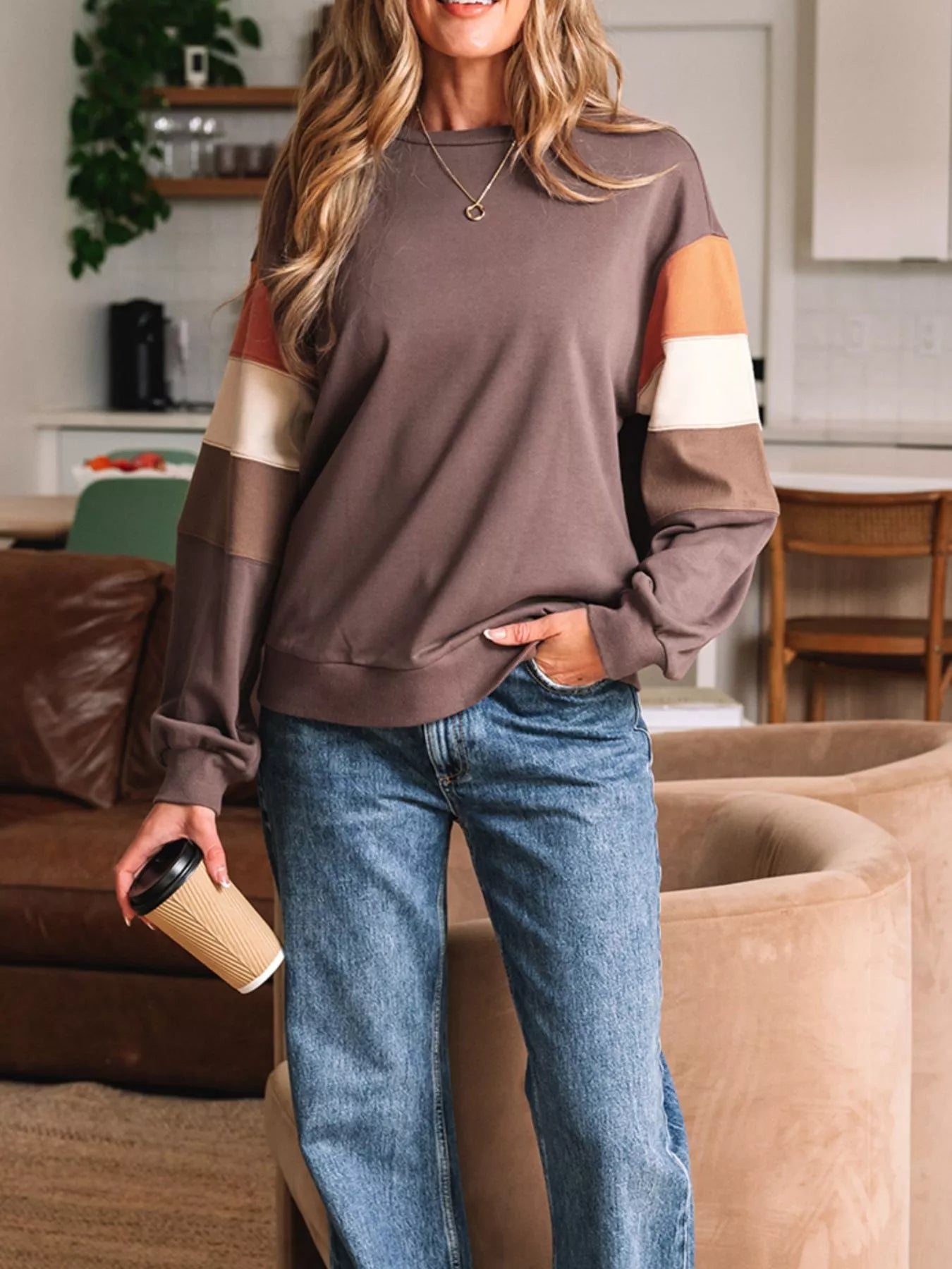 Color Block Drop Shoulder Pullover Casual Sweatshirt